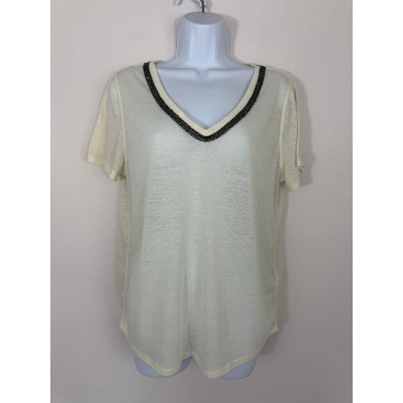 H&M Cream Rhinestone V-Neck Linen Blend Top Size M - Picture 1 of 6